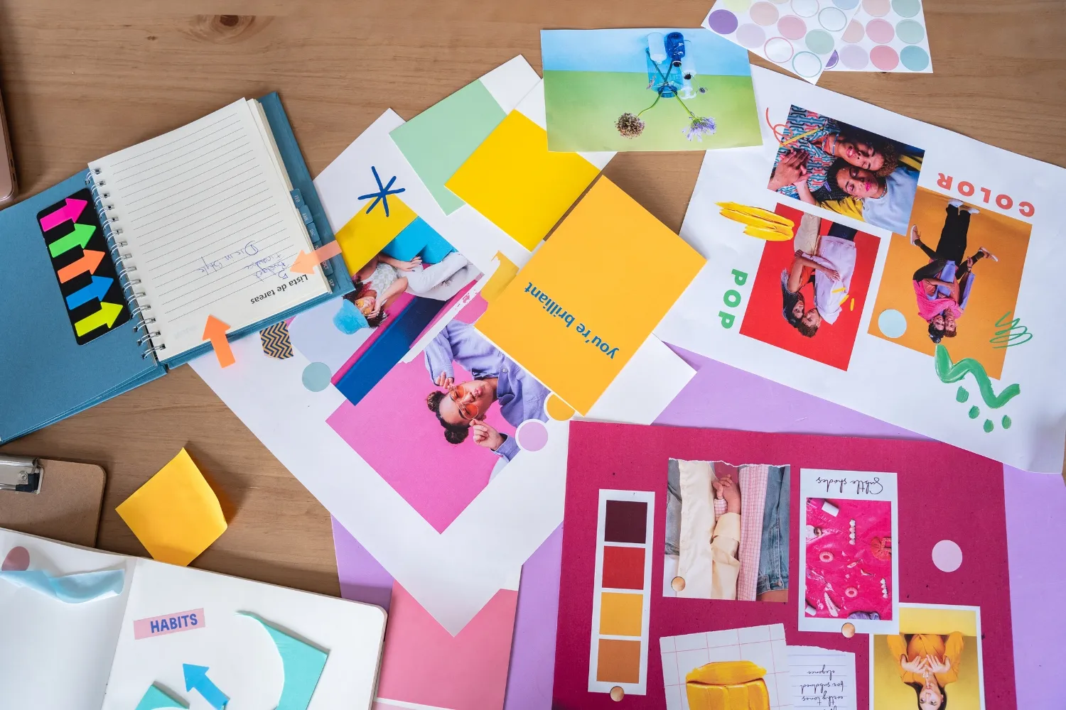 printed and colourful images on a table